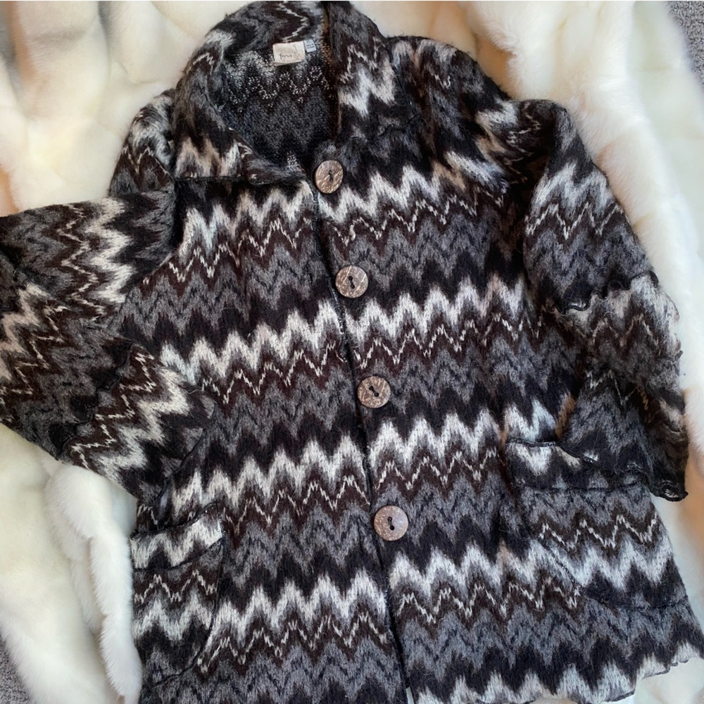 Vintage Chevron Wool Pattern Brown Button Down Ca… - image 5